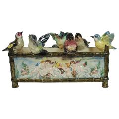 Antique 19th Century Majolica Birds Jardiniere with Musicians Puttis Delphin Massier