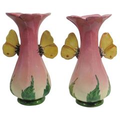 Pair of Majolica Vases with Butterflies Delphin Massier, circa 1890