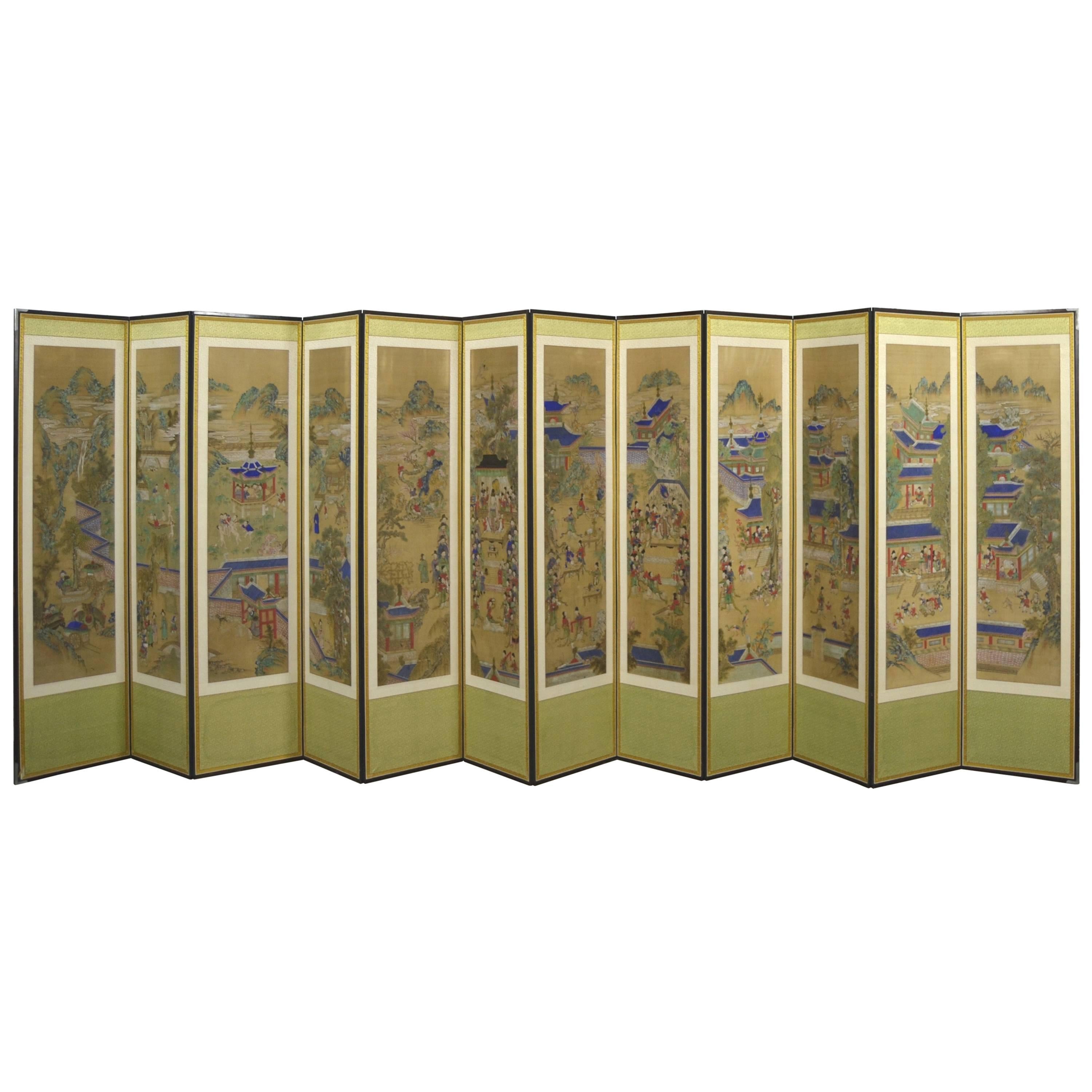 19th Century Korean 12 Panel Silk Hand-Painted Folding Screen