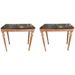 Elegant Pair of Carved Distressed Wood & Black Marble Console Tables