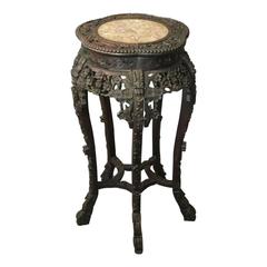 Antique Chinese Export Floral Carved Hardwood Marble Top Plant Stand, circa 1900