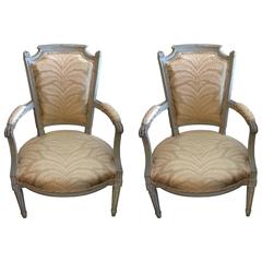 Beautiful Pair of French Carved Painted Wood and Upholstered Armchairs