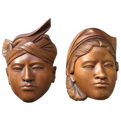 Mid-20th Century Pair of Balinese Hand-Carved Wooden Art Wall Masks Bridal Masks