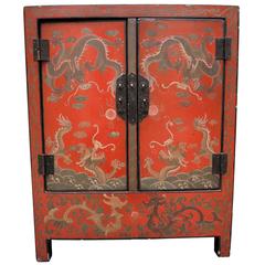Antique Chinese Red Lacquer Side Table Cabinet with Incised Dragon Decoration 3
