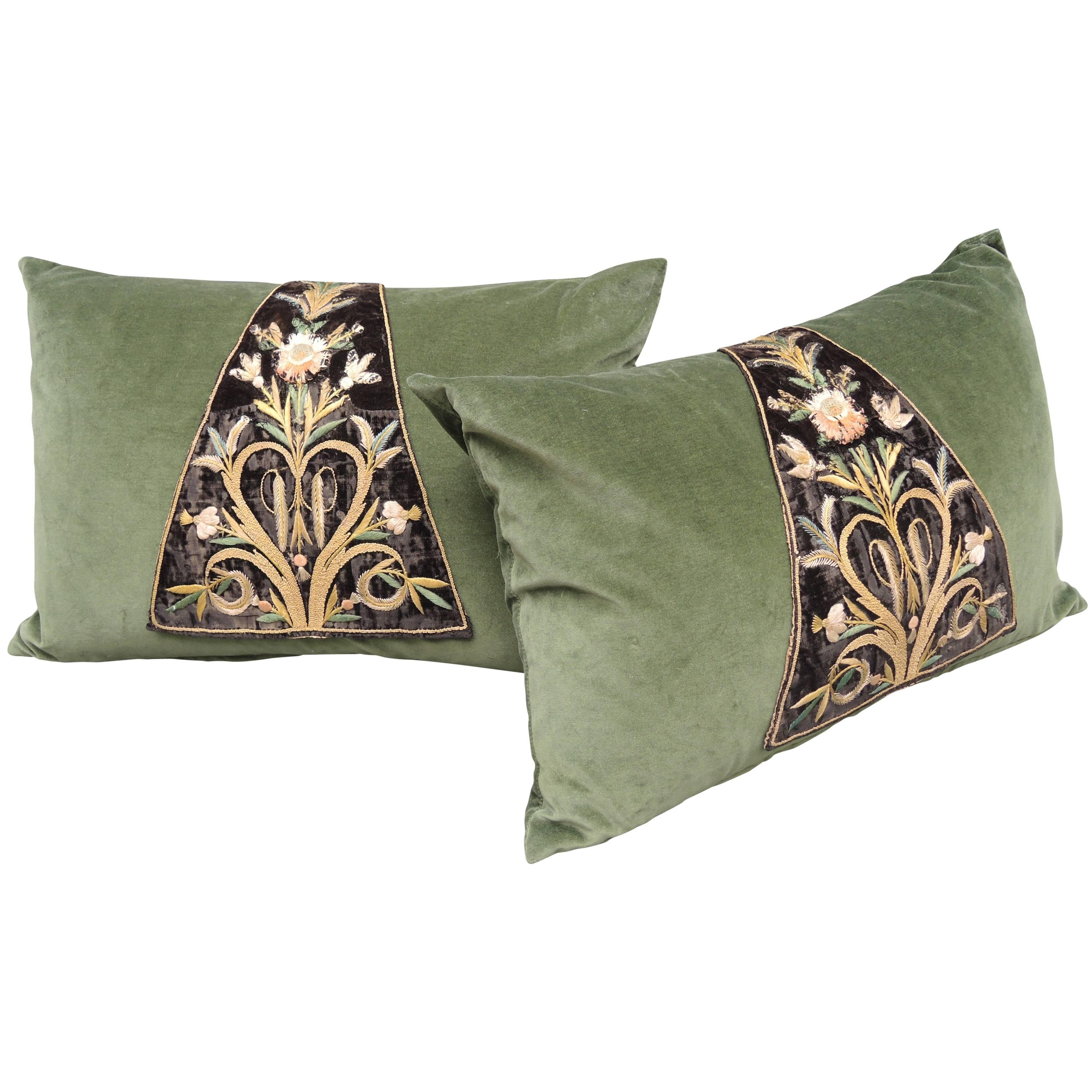 Pillows Made from French 17th Century Silk Embroidered Textiles For Sale