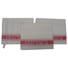 Antique Three Large  Belgian Linen Kitchen Towels Damask Woven in Red and White