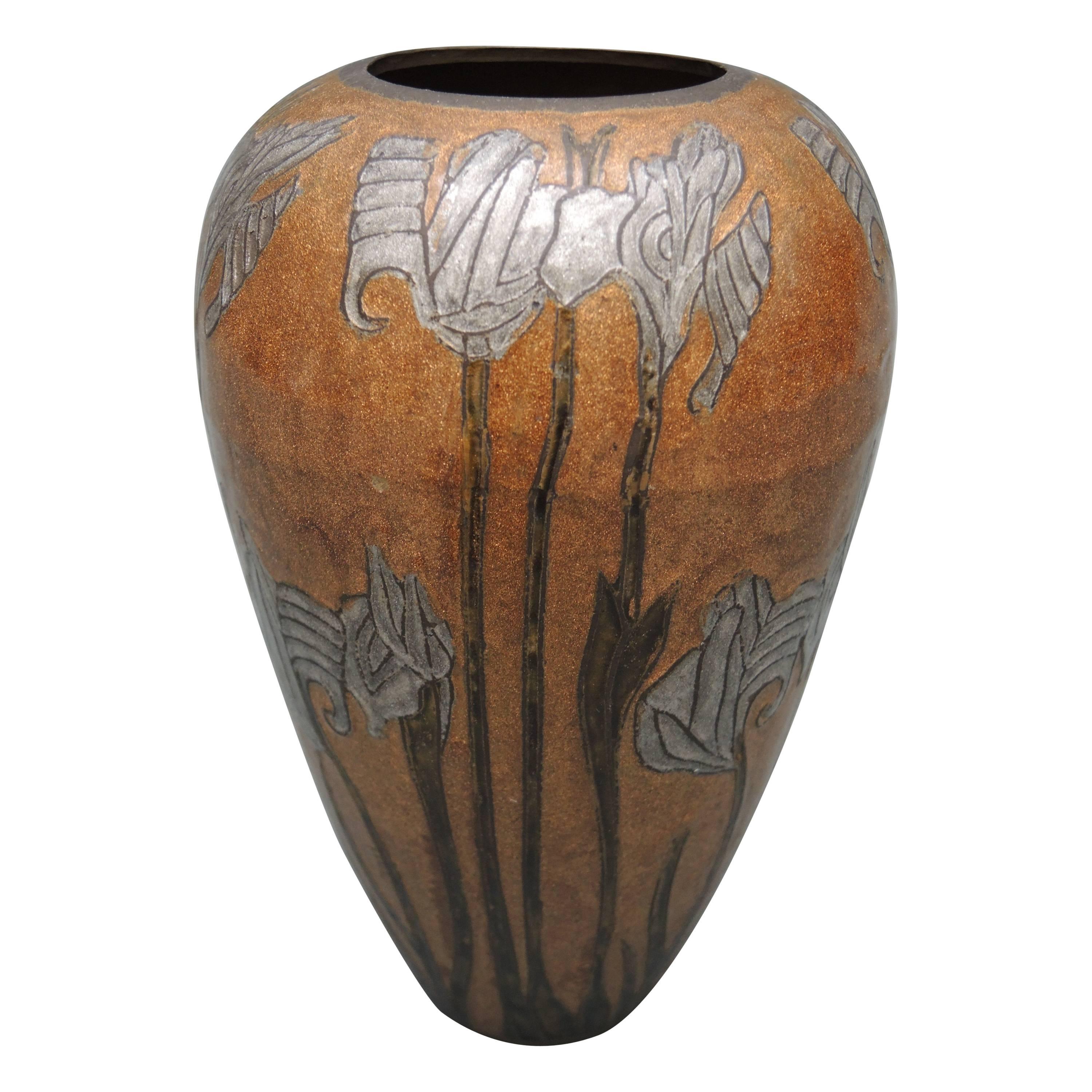 Dutch Art Nouveau Vase Cloisonne Enamel Design on Brass of Iris Blooms 