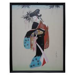 Signed Vintage Japanese Painting on Silk of a Geisha