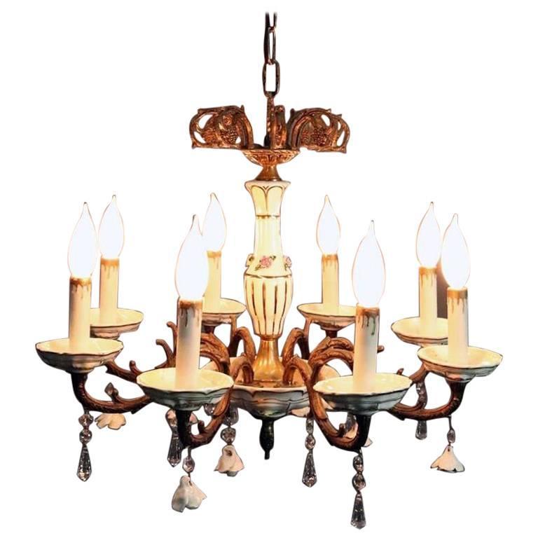 Antique Brass and Porcelain EightLight Chandelier, circa 1930 For Sale