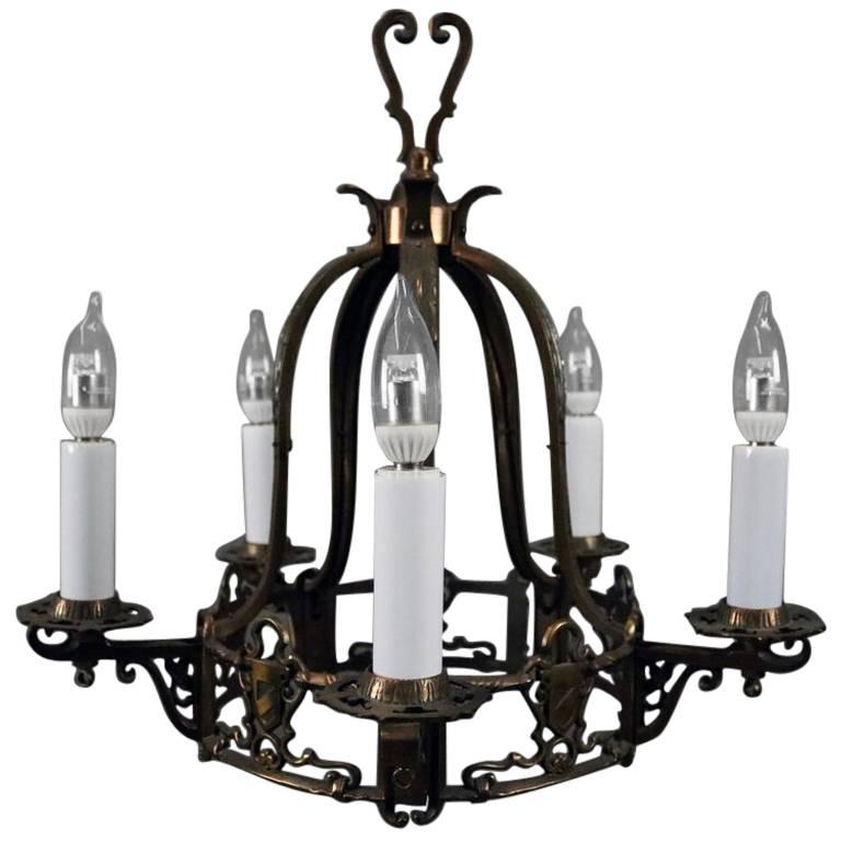 Antique Arts & Crafts Moe Bridges Five-Light Chandelier W/Shield, circa 1920