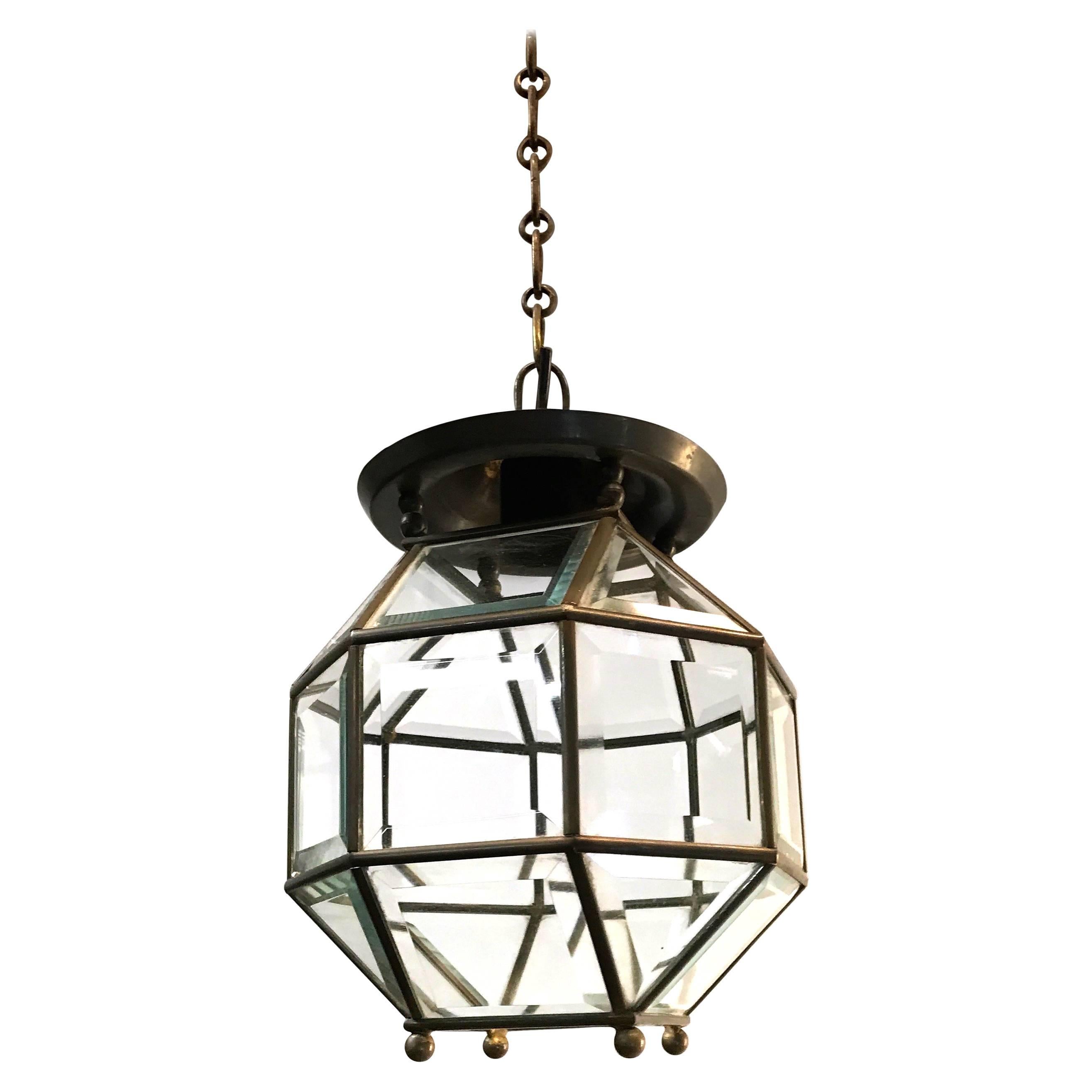 Early 1900s Bevelled Glass & Brass Pendant Cubic Ceiling Light  Adolf Loos Style