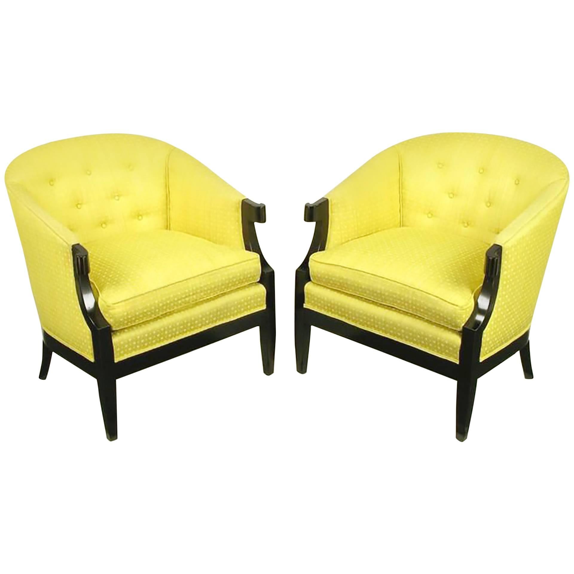 Pair of Baker Club Chairs in Embroidered Saffron Silk For Sale