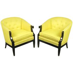 Pair of Baker Club Chairs in Embroidered Saffron Silk 1