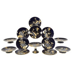 Antique Davenport Aesthetic Movement Cobalt Blue Hand-Painted Chrysanthemum Dessert Set