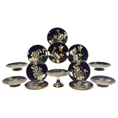 Davenport Aesthetic Movement Cobalt Blue Hand-Painted Chrysanthemum Dessert Set 