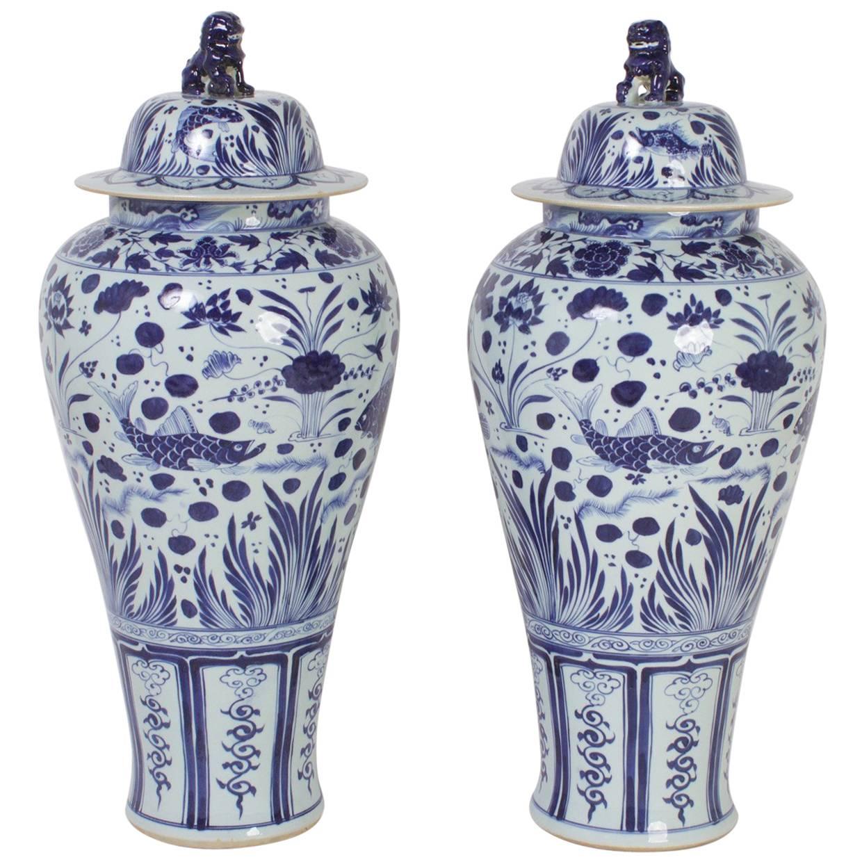 Large Pair of Blue and White Chinese Export Style Porcelain Lidded Jars