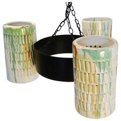 Large Colorful Cylindrical Ceramic and Metal Three Globe Chandelier