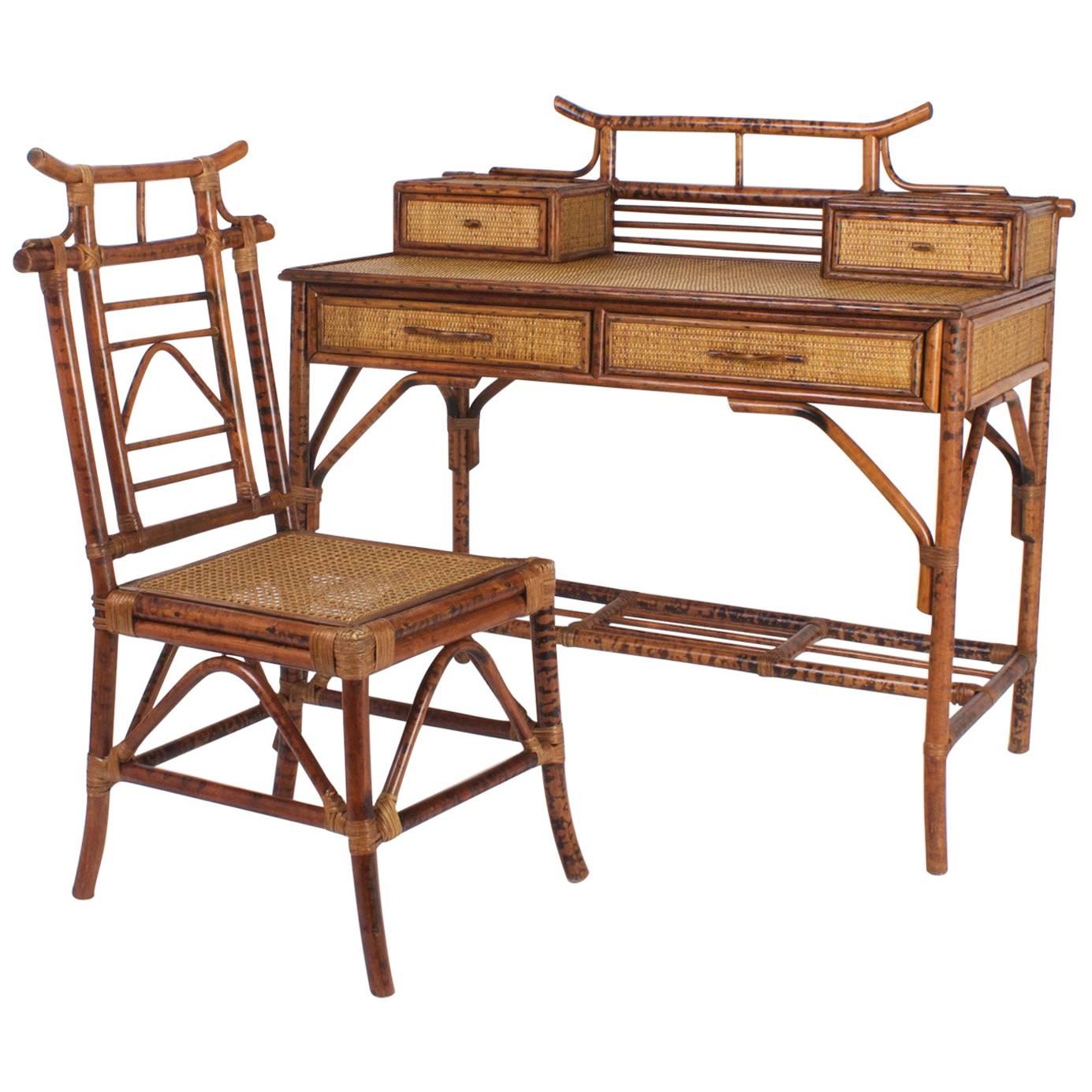 Chinoiserie Faux Bamboo Grass Cloth Desk and Chair