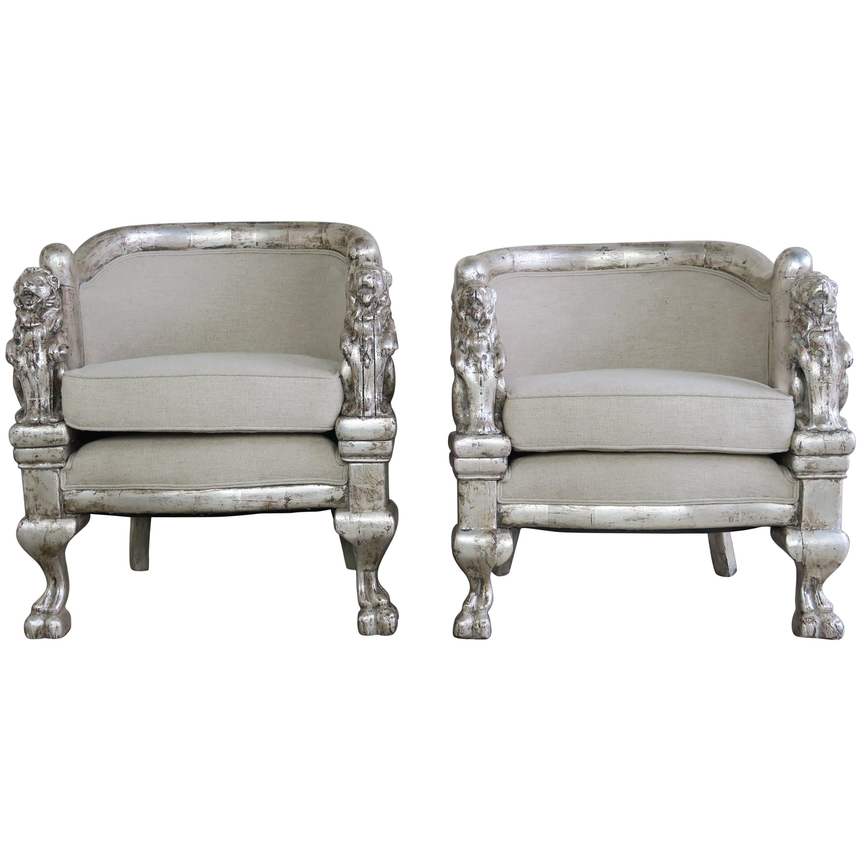 Pair of Carved Lion Silvered Armchairs