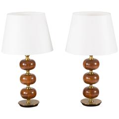Pair of Mahogany and Brass Table Lamps by Henrik Blomqvist