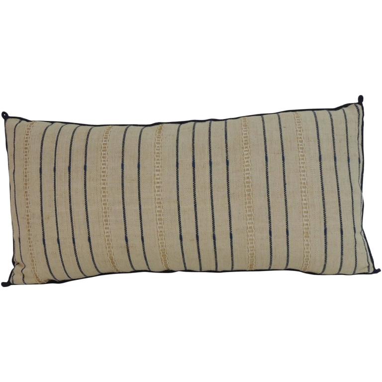 Vintage Blue and Natural Stripe Long Bolster Decorative Pillow with Eyelet Design at 1stdibs