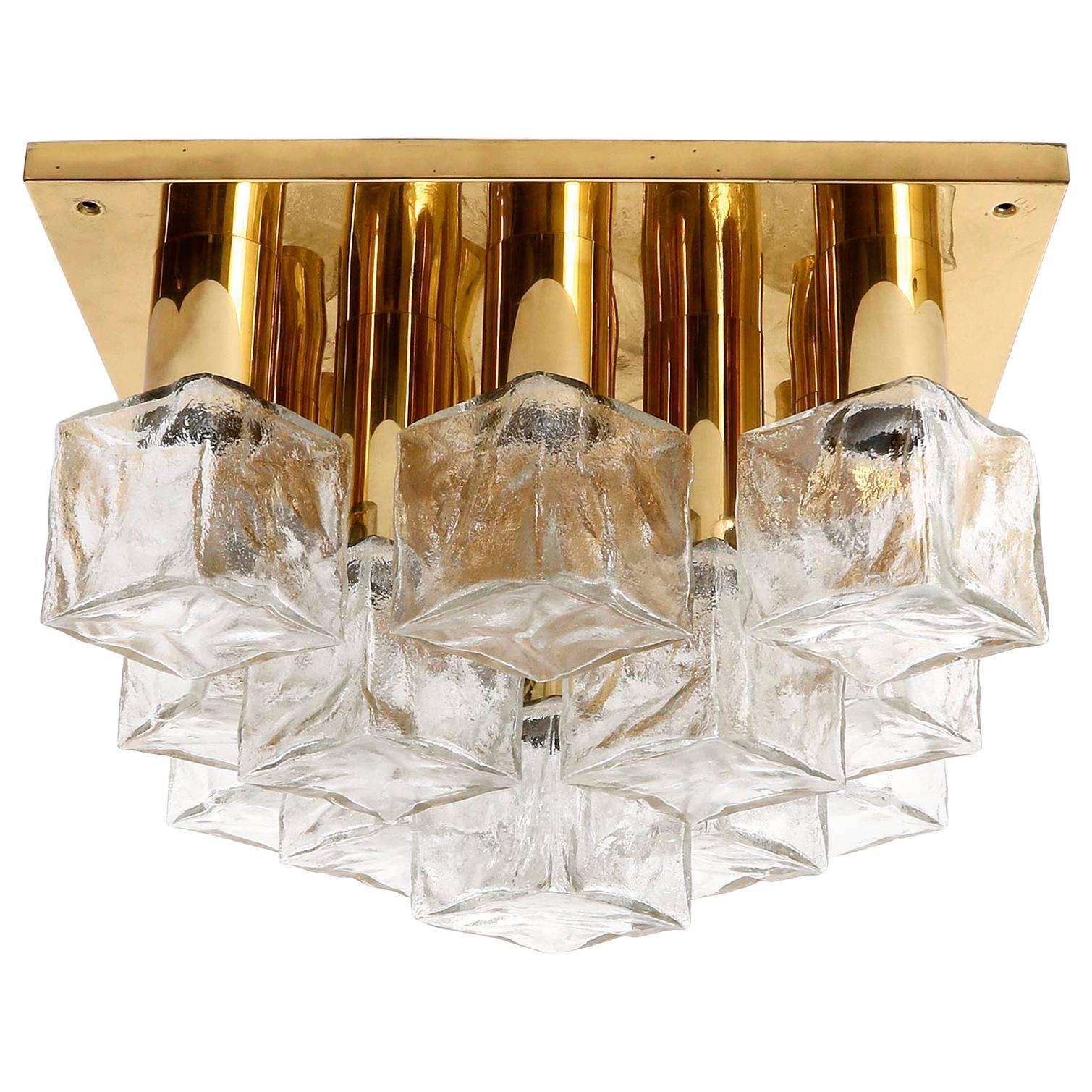 Square Kalmar Flush Mount Light or Sconce, Brass Cast Ice Glass, 1970, 1 of 3