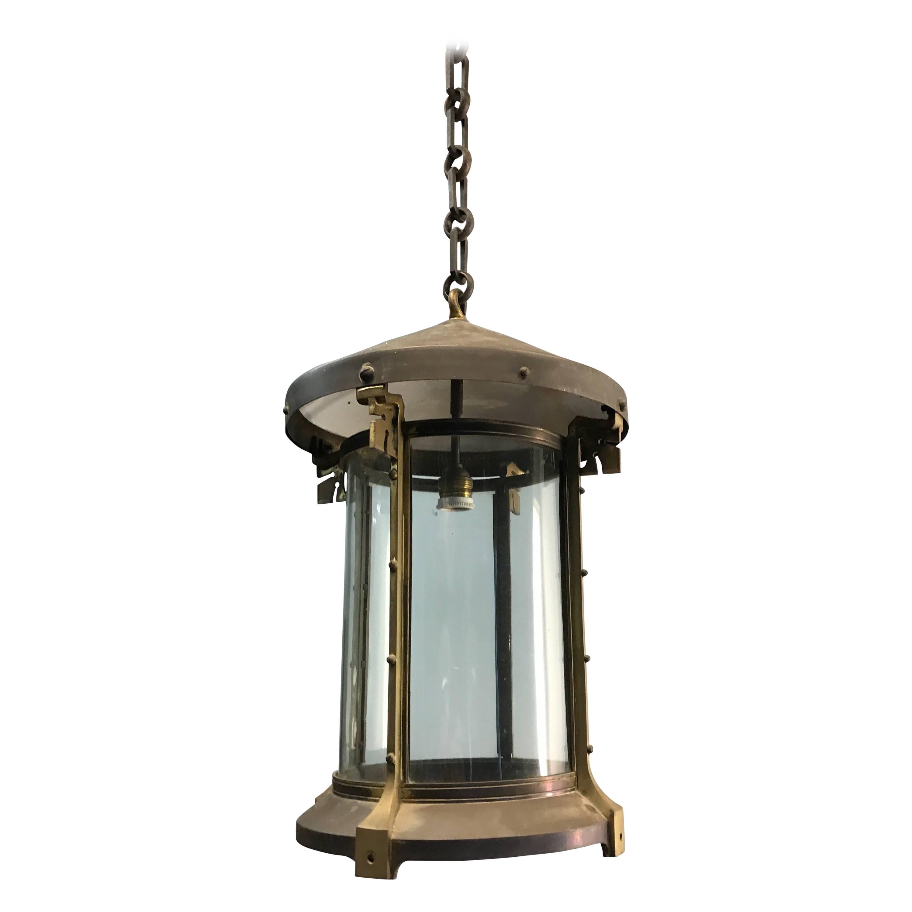 Large Arts & Crafts era Jugendstil Brass and Copper Pendant Light, Lantern For Sale