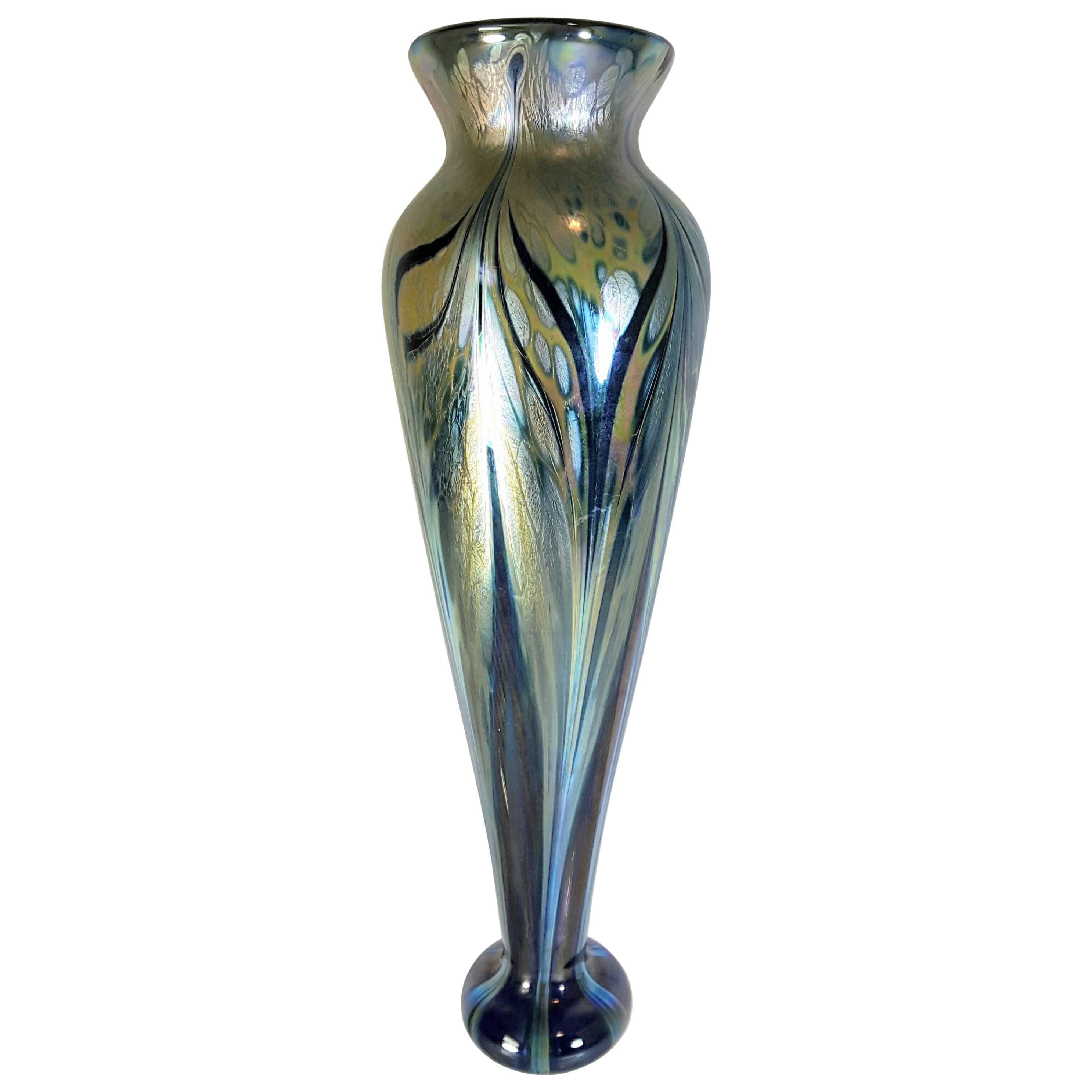 Kent Fiske Iridescent Oil Spot on Water Pulled Feather Vase Signed & Dated 1984
