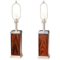 Pair of Vintage Chrome and Rosewood Square Lamps Attributed to Jean Claude Mahey 6