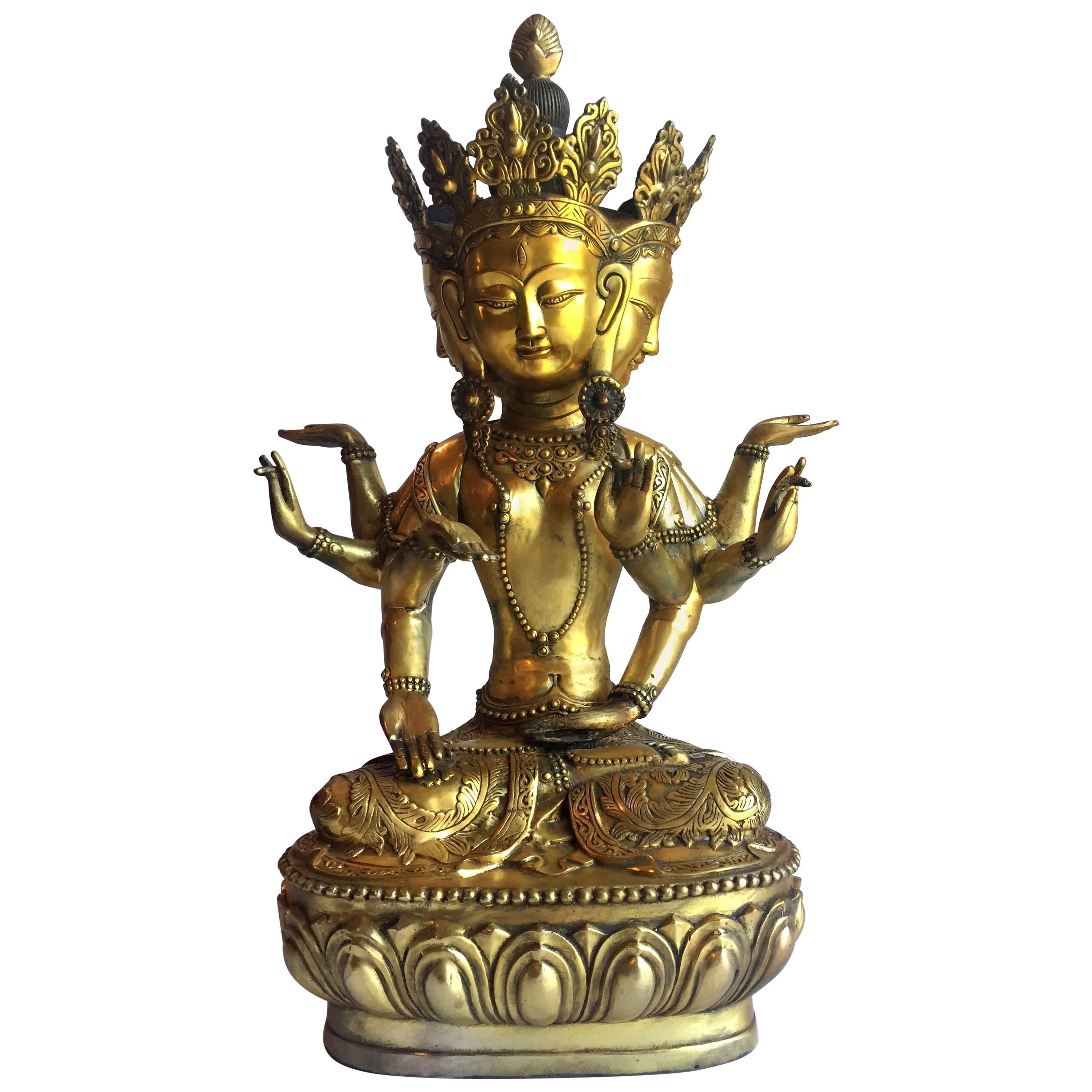 Large Multi-Armed Brass Tibetan Buddha, Tara For Sale
