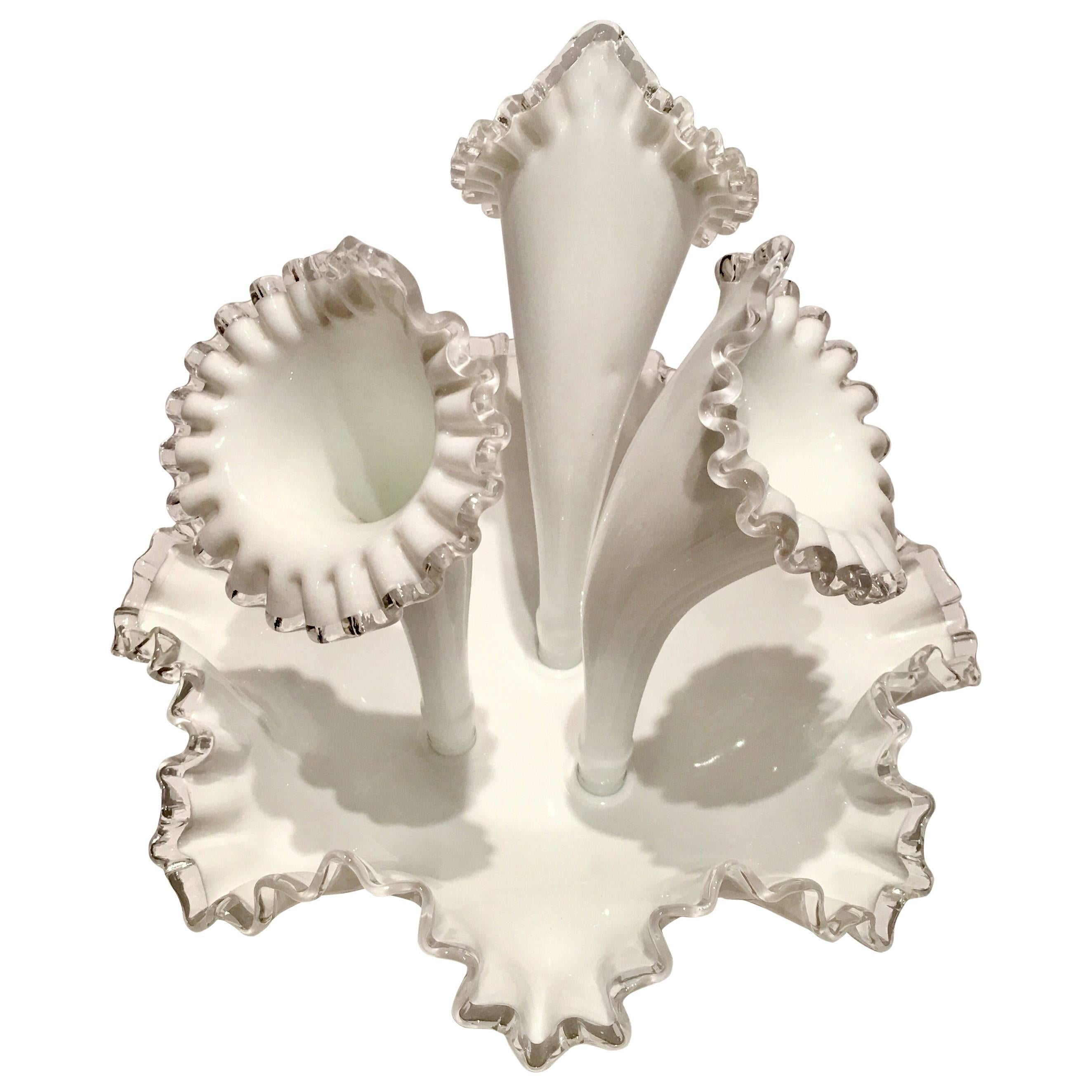 Mid-Century Fenton Milk Glass "Silver Crest" Epergne Center Vase
