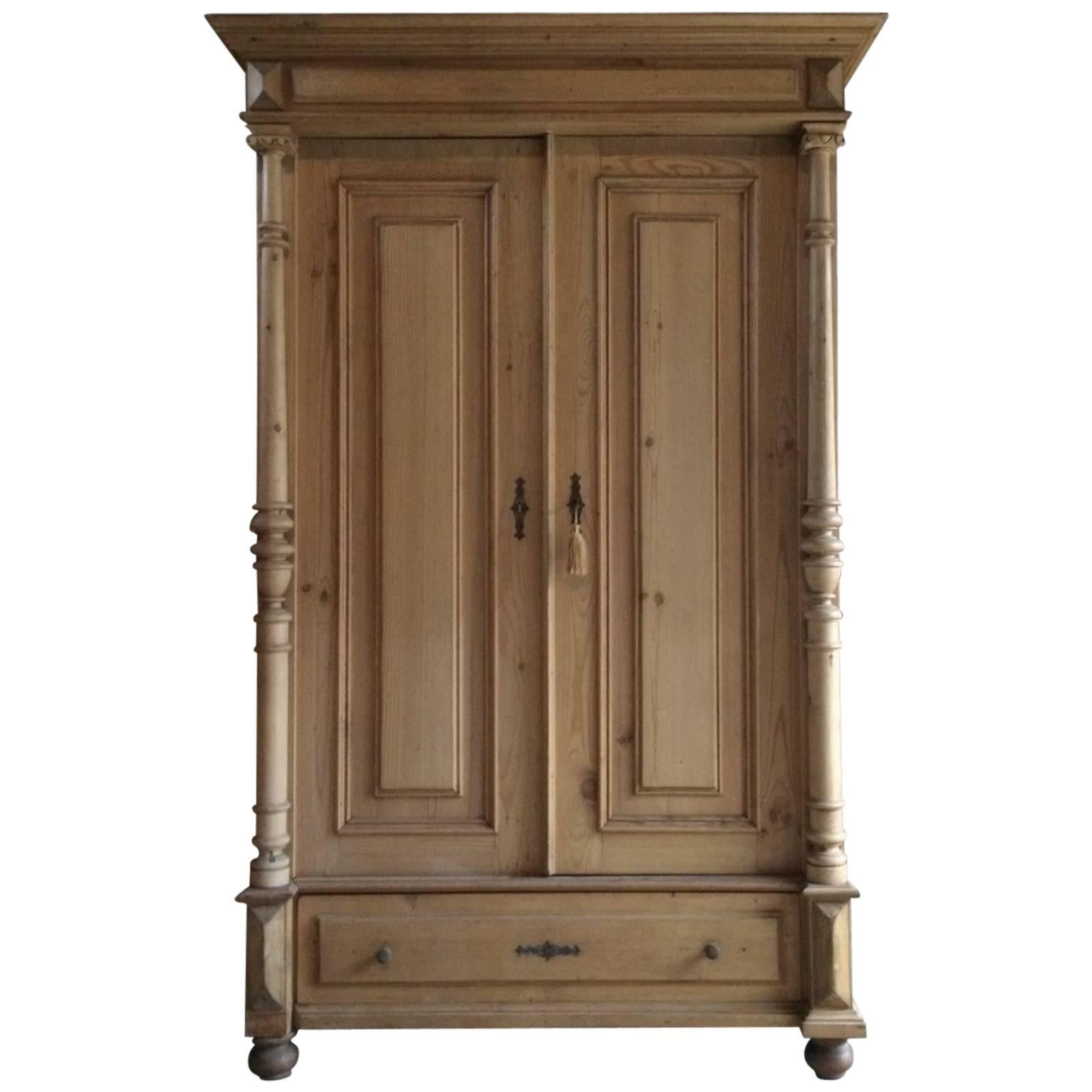 Antique French Double Wardrobe Armoire Solid Pine Victorian 19th Century