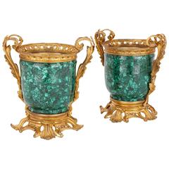 Pair of Ormolu-Mounted Malachite Antique French Cachepots