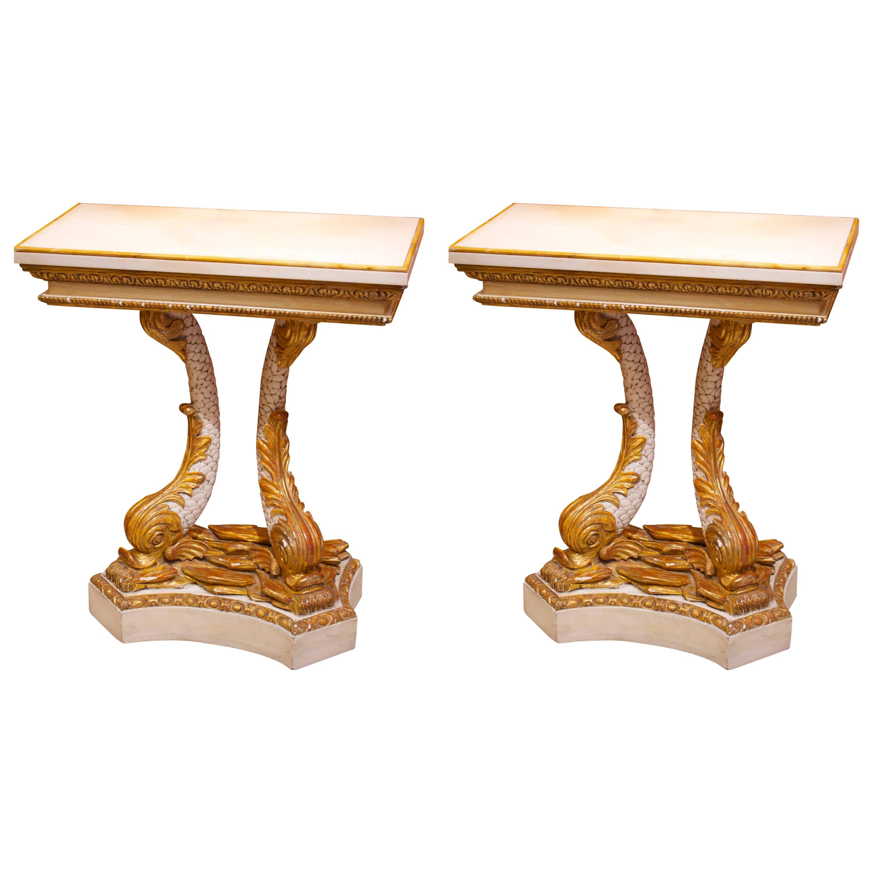 Pair of Lacquered Gilded Dolphin Consoles Tables White Marble Top, 19th Century
