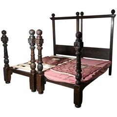 Antique Pair of Gothic Carved Oak Four Poster Single/Double Beds, 16th Century Carving