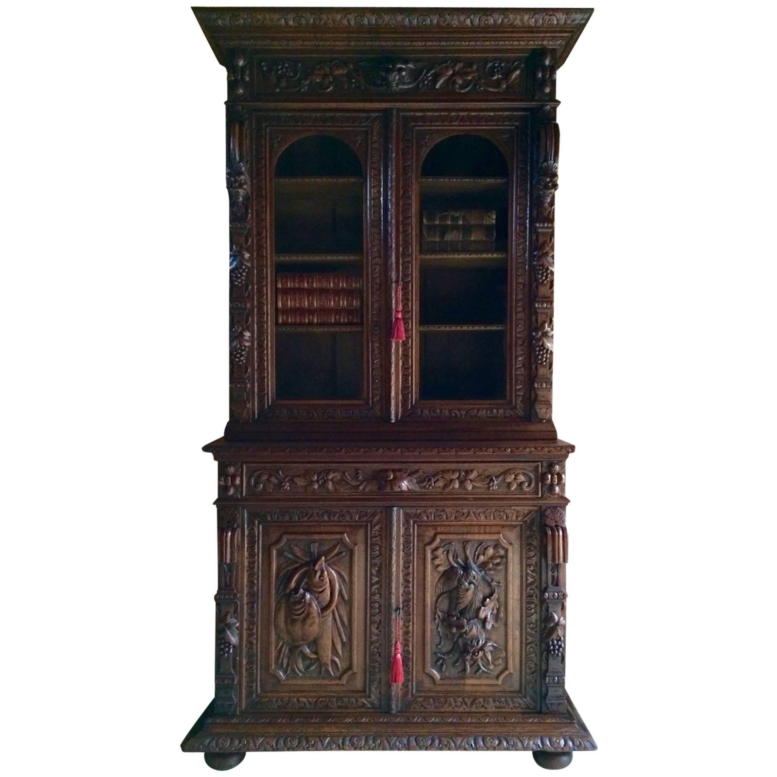 Antique French Cabinet Cupboard Dresser Bookcase Oak Carved Gothic Victorian 