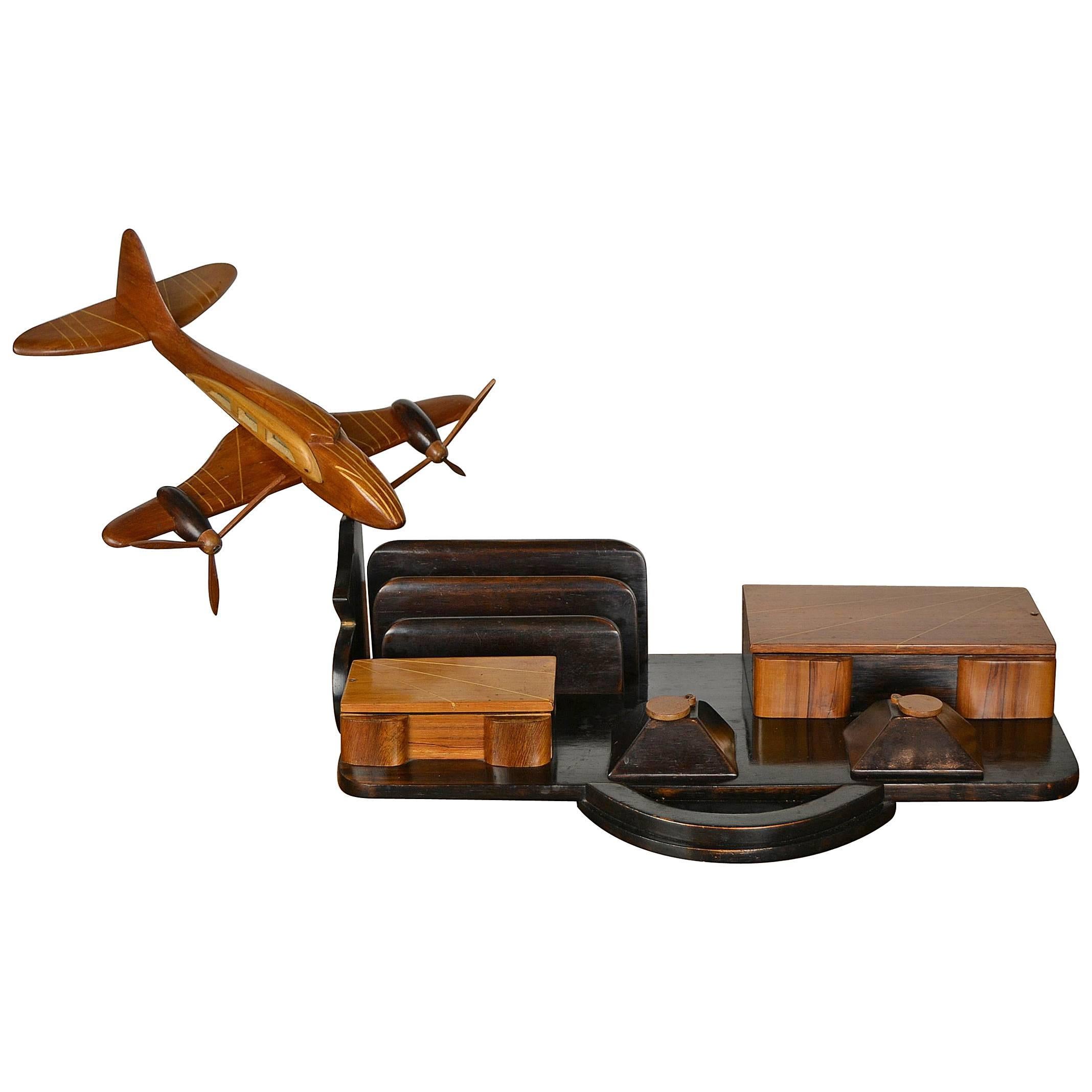 Art Deco Wooden Aeroplane Desk Set