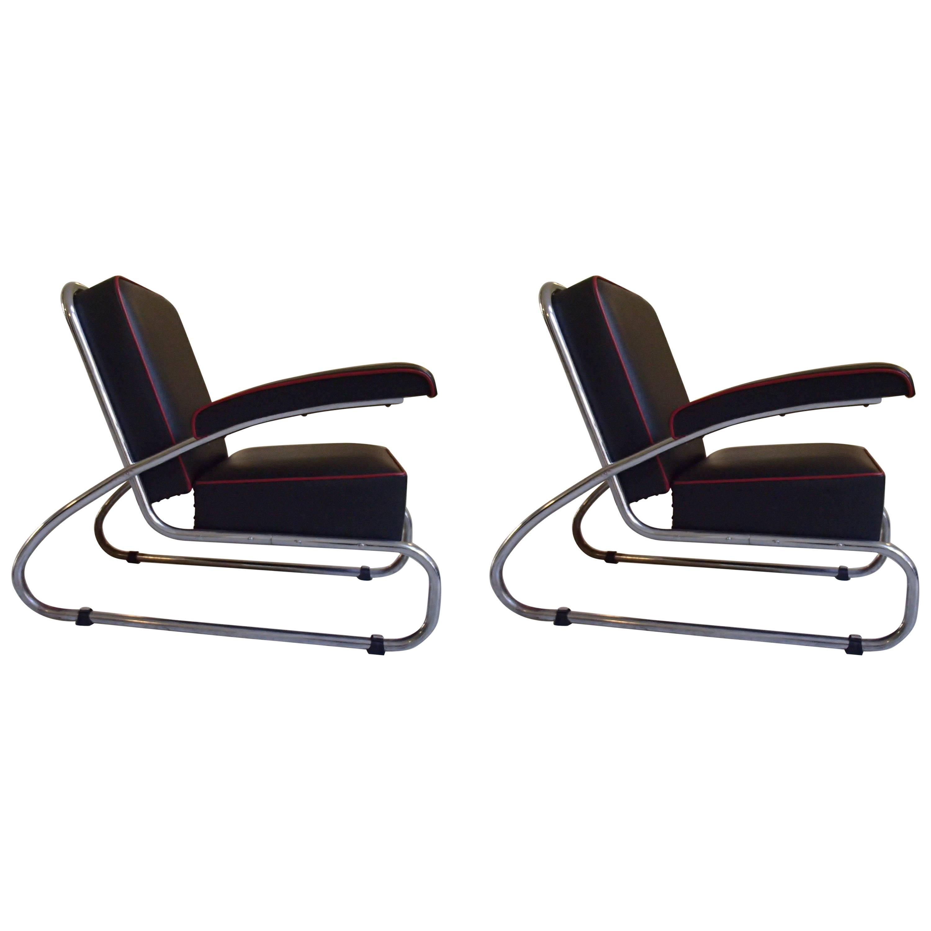 Pair of Gottwald Bauhaus Chrome Black Leather Lounge Chairs Red