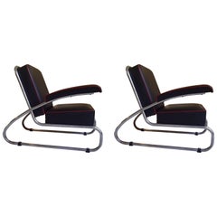 Vintage Pair of Gottwald Bauhaus Chrome Black Leather Lounge Chairs Red