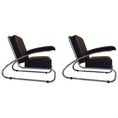 Pair of Gottwald Bauhaus Chrome Black Leather Lounge Chairs Red 10