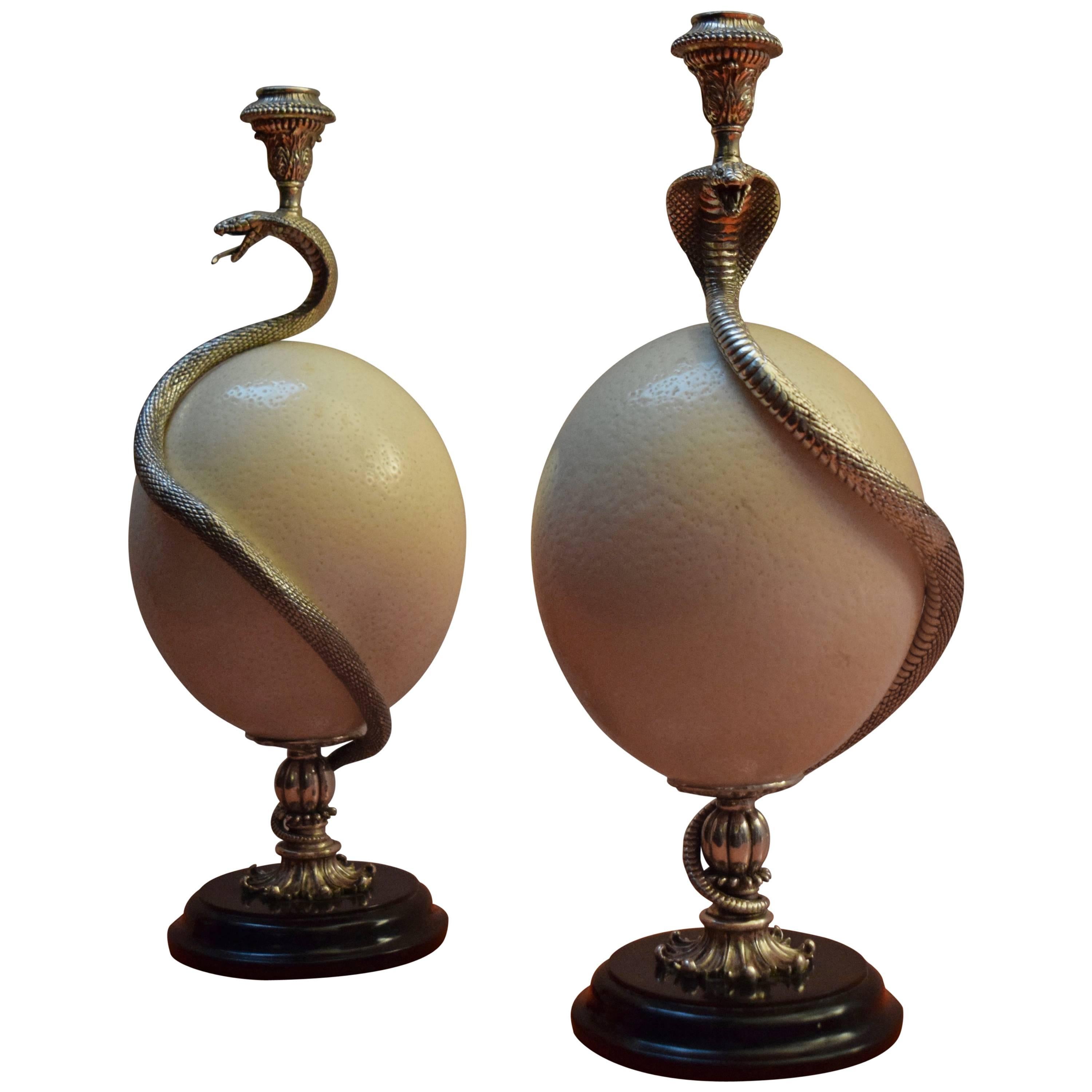 Pair of Silver Mounted Ostrich Egg Candleholders For Sale