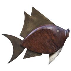 Rare Jacques Adnet Brass Burlwood Fish Sculpture Signed