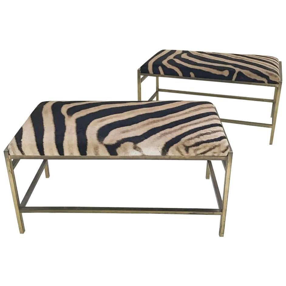 McCobb Style Brass and Zebra Hide Benches or Ottomans