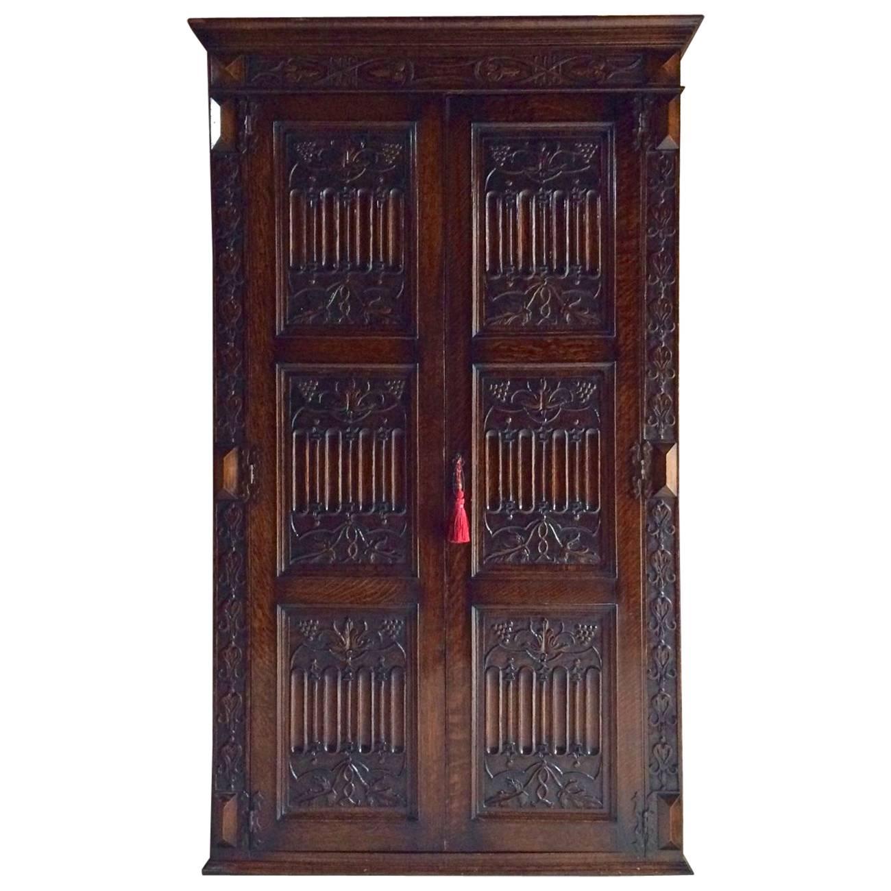 Antique Wardrobe Armoire Solid Oak Gothic Heavily Carved Edwardian