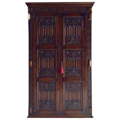 Vintage Wardrobe Armoire Solid Oak Gothic Heavily Carved Edwardian