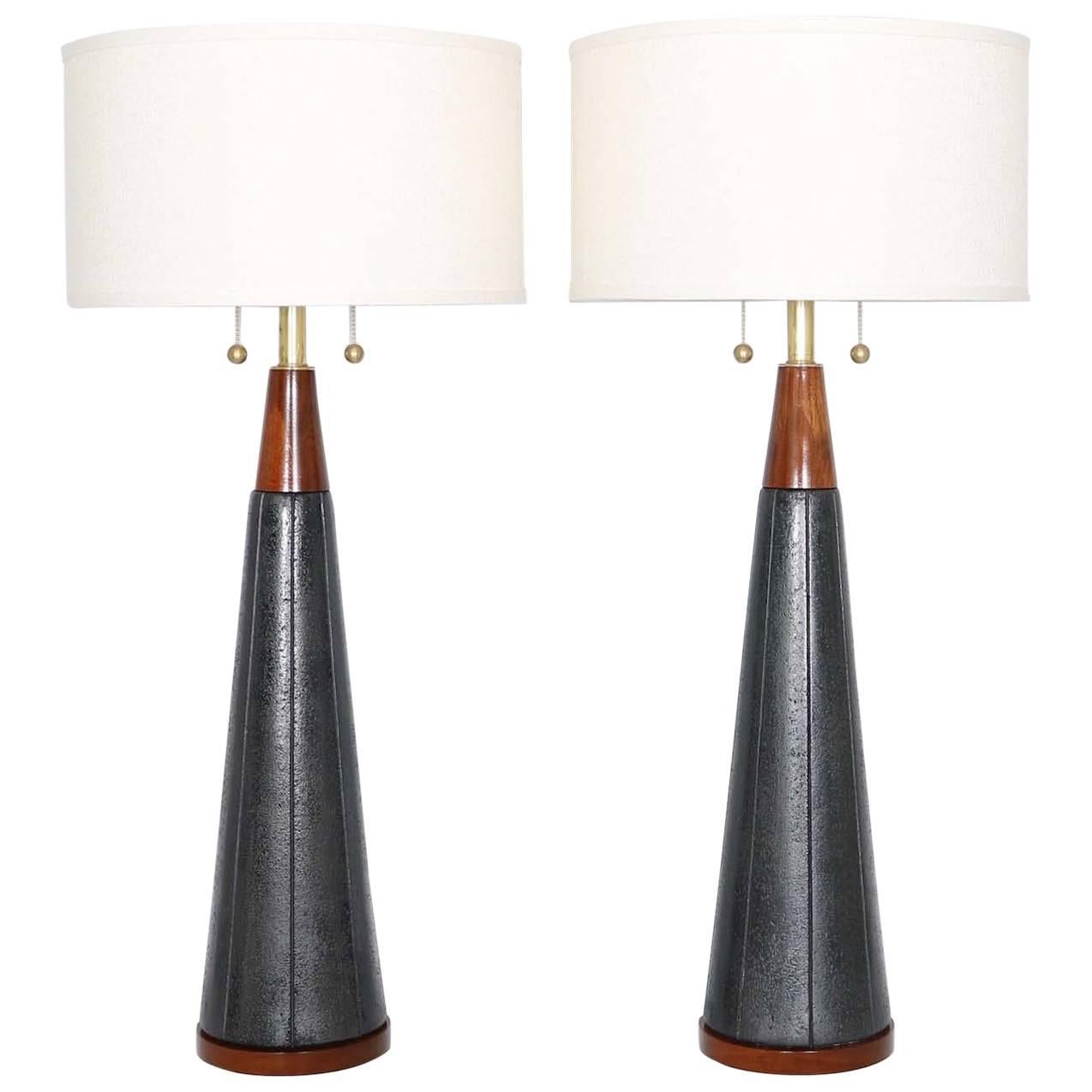Pair of Mid-Century Modern Black Ceramic and Walnut Lamps by Quartite Creative