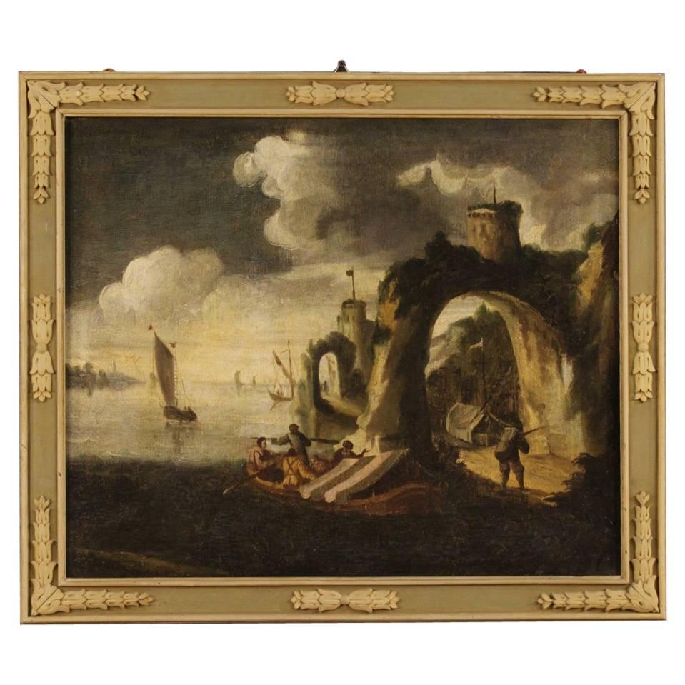 18th Century Italian Seascape Painting Oil on Canvas