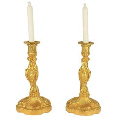 Antique Pair of 19th Century Louis XV Ormolu Candlesticks After Meissonier
