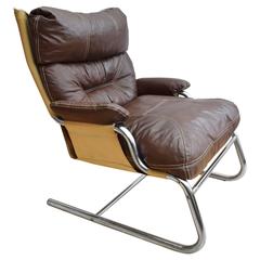 Mid-Century Vintage Danish Brown Leather and Canvas Armchair Chrome Frame, 1960s