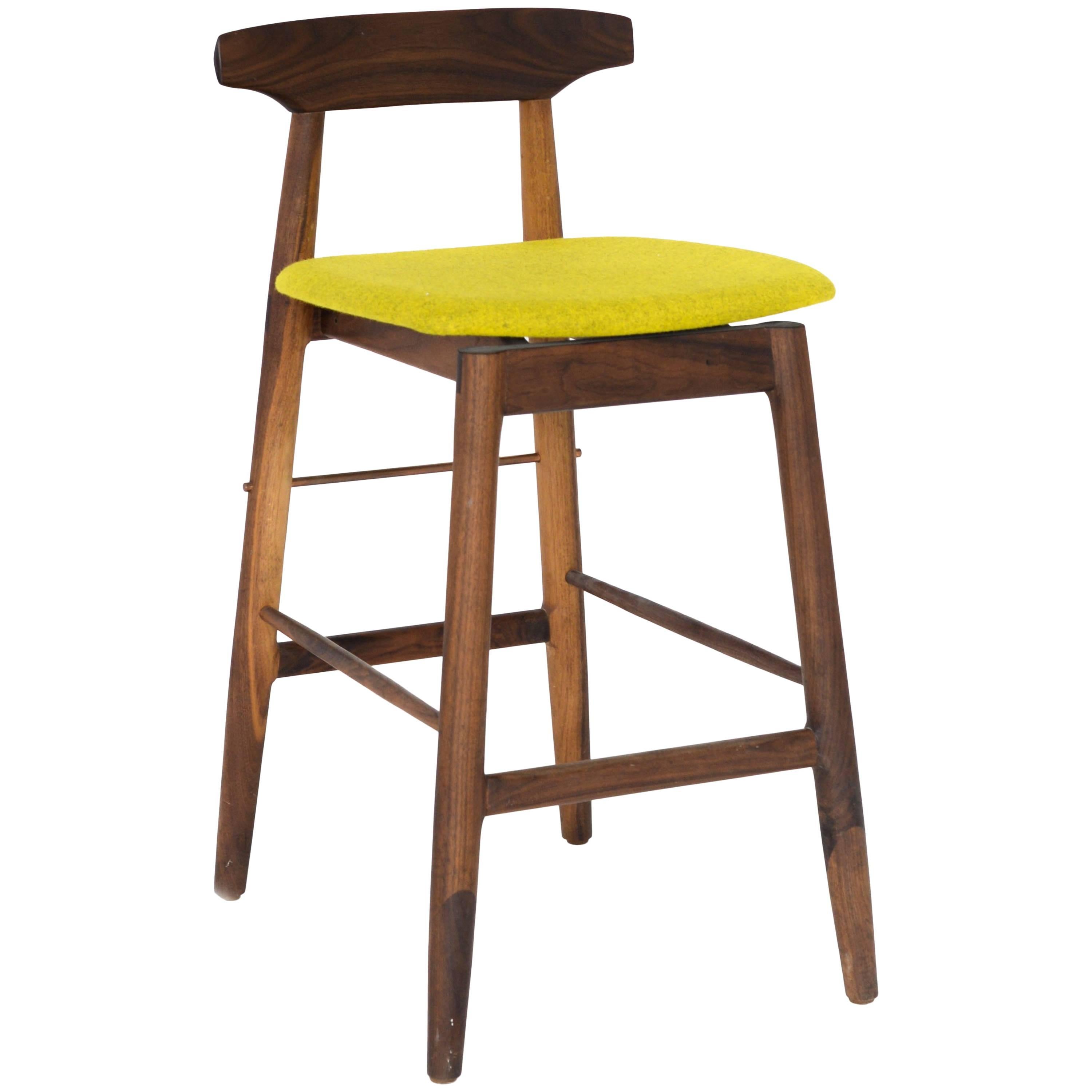 Walnut and Copper Wood High Stool with Custom Teal Felt Upholstery For Sale